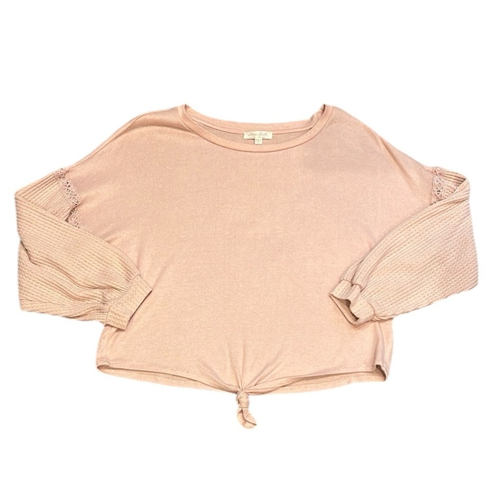Ultra Flirt | Long Sleeved Top with Tie Front & Waffle Knit Sleeves